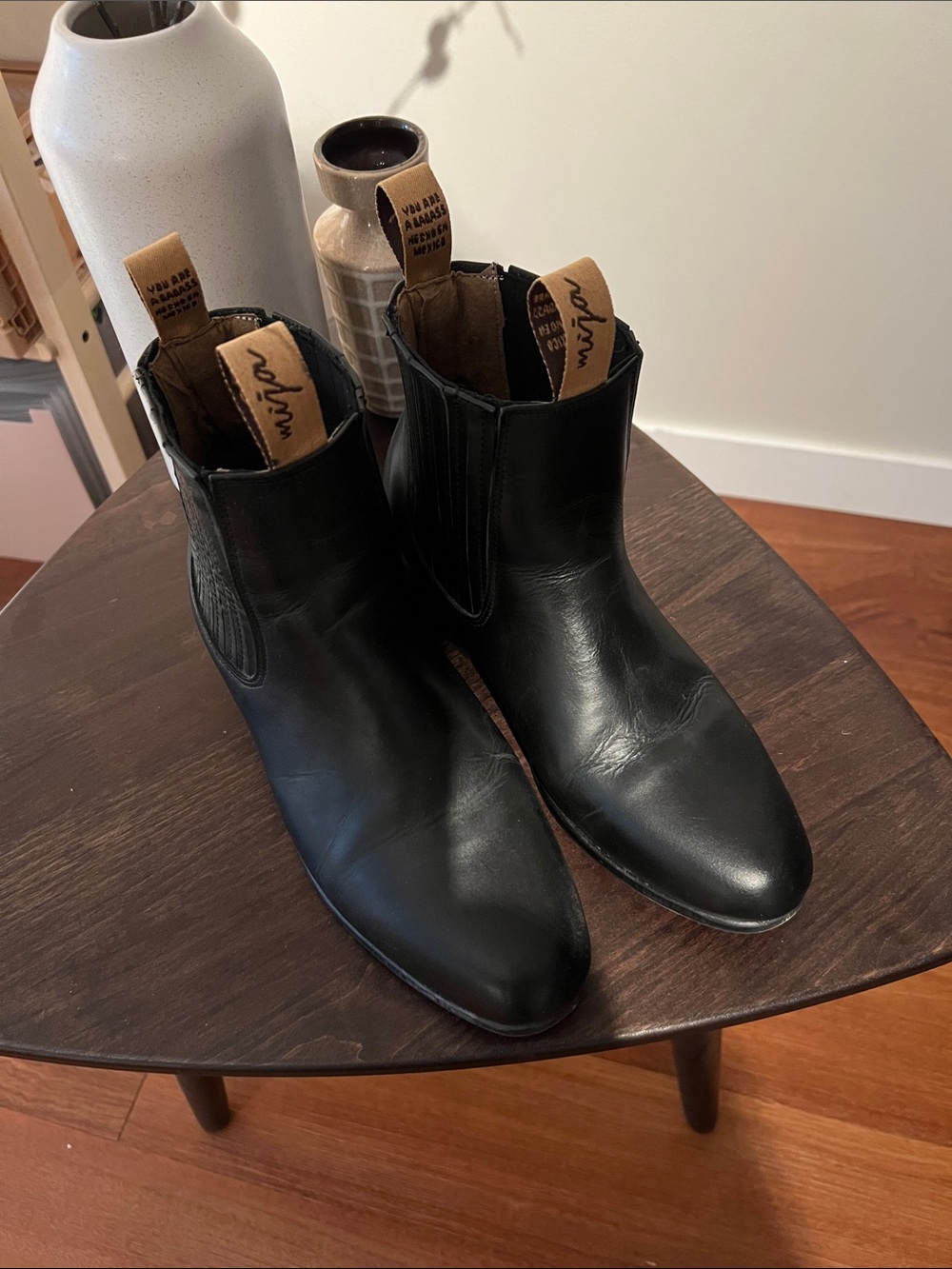 Mija Black Leather Ankle Booties with Tan Pull Tabs